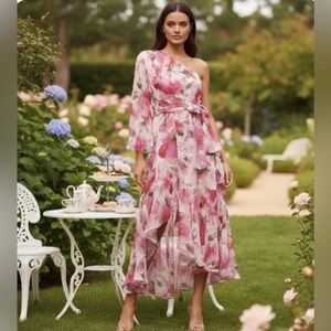 Misa Los Angeles Pink Floral One-Shoulder size M Sabrina Dress